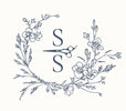 A decorative monogram-style logo featuring the letters S and S with a pair of scissors between them, surrounded by delicate floral line art on a light cream background.